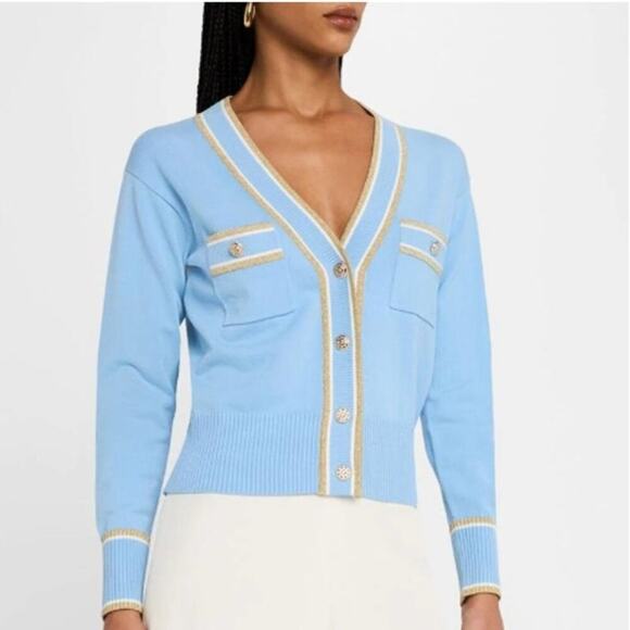 Elie Tahari Sweaters - Elie Tahari Fountian Blue Gold Stripe The Kiva Shimmer-Trim Knit Cardigan Size S